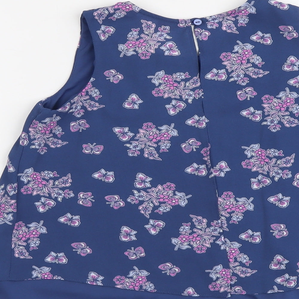 Young Dimension Girls Blue Floral Polyester Basic Tank Size 9-10 Years Round Neck Button