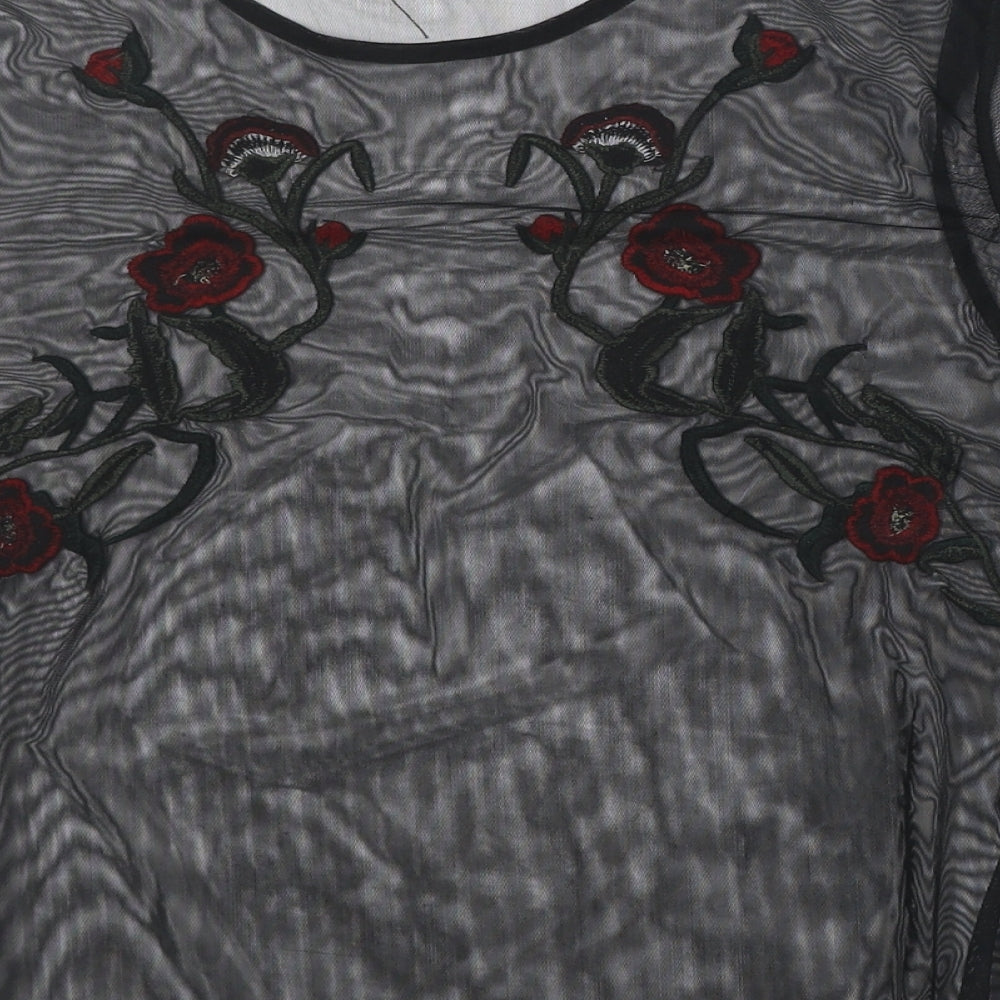 Quiz Womens Black Floral Polyester Basic Blouse Size 10 Round Neck
