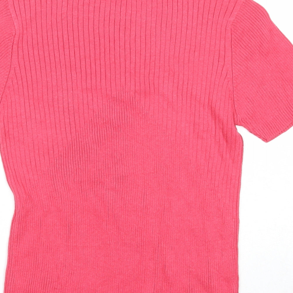 Joie de Vivre Womens Pink High Neck Ramie Pullover Jumper Size M - Ribbed