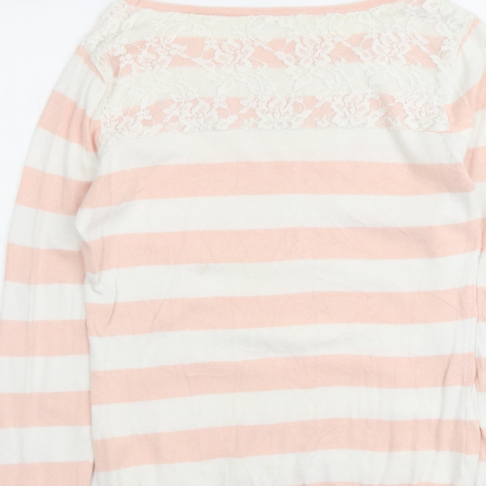 Nicole Womens Pink Round Neck Striped Cotton Pullover Jumper Size M - Lace Detail