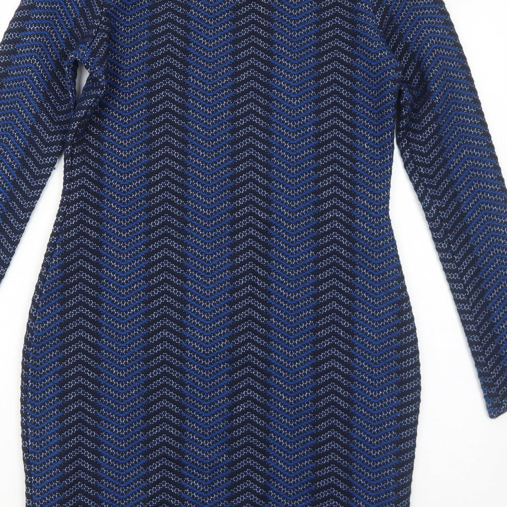 Marks & Spencer Womens Blue Geometric Polyester Bodycon Size 10 Round Neck Pullover