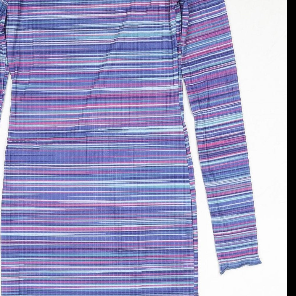 Mode-ll Womens Purple Striped Polyester A-Line Size 12 Round Neck
