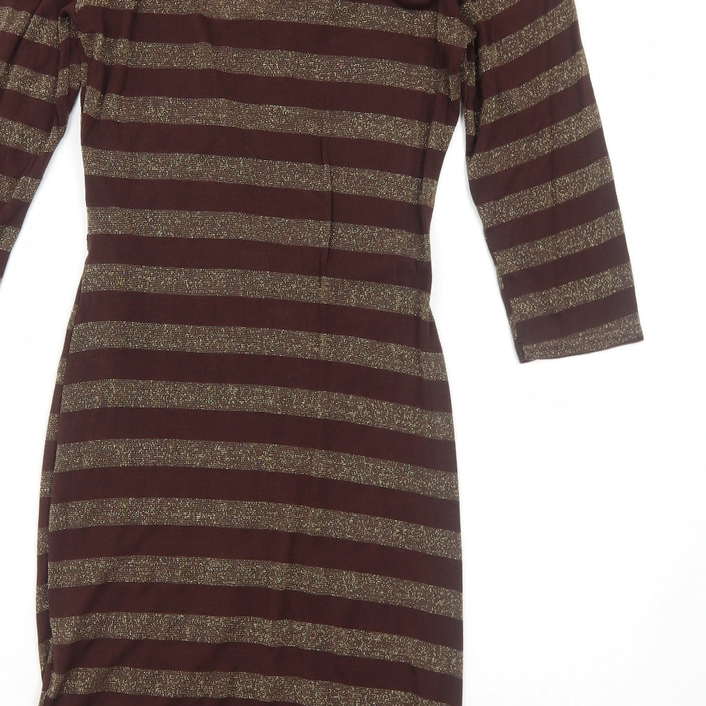 Acme Womens Brown Striped Polyester A-Line Size 10 V-Neck Pullover