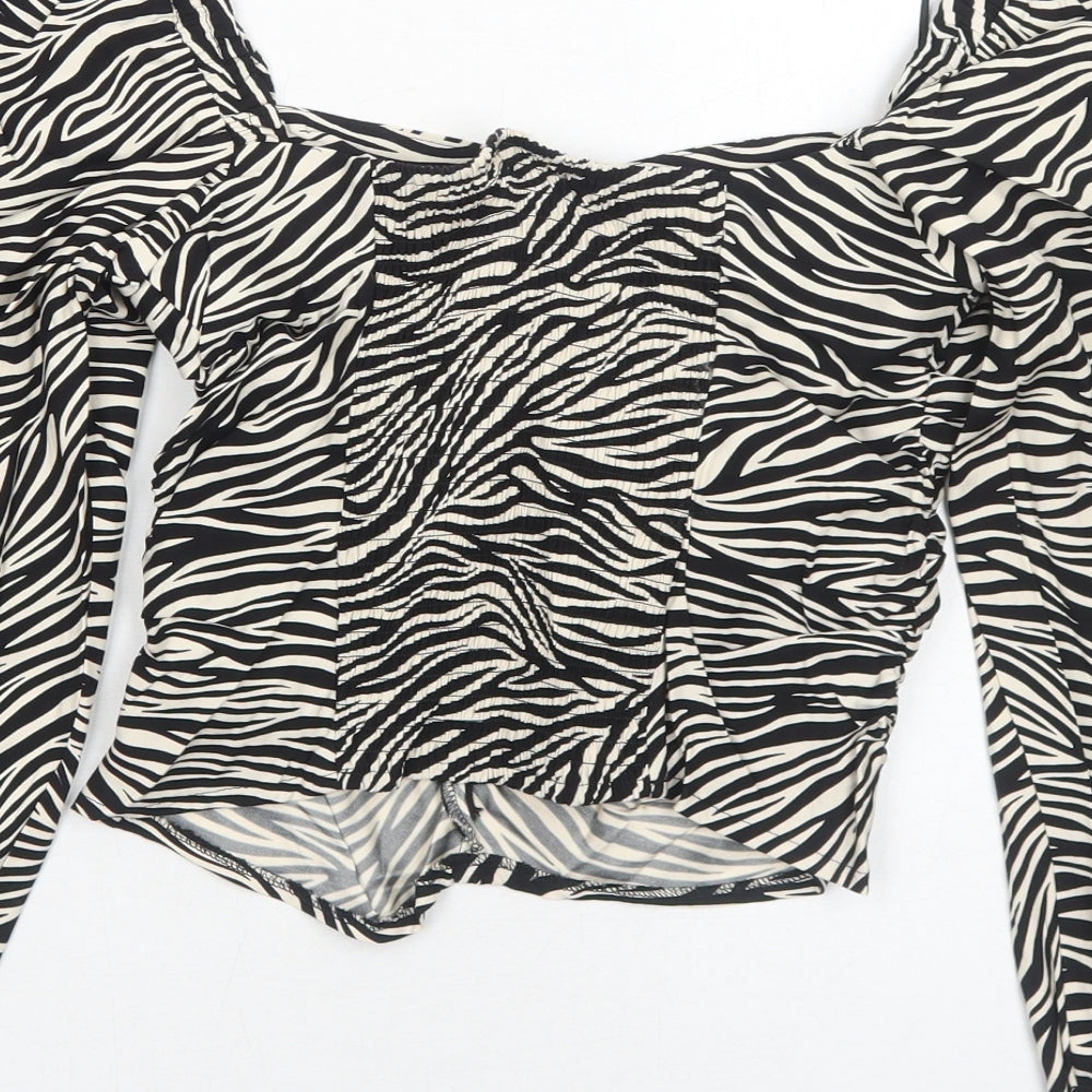 H&M Womens Black Animal Print Viscose Basic Blouse Size 8 Square Neck - Tiger Pattern