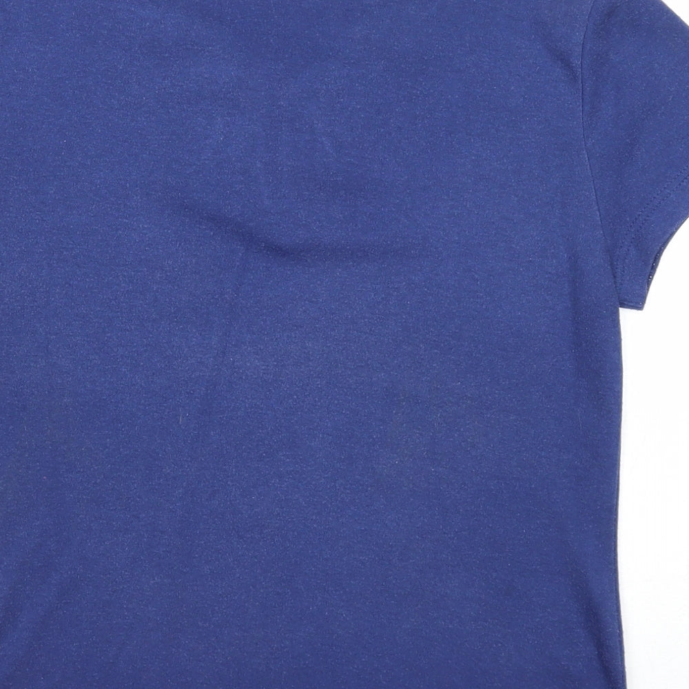 //text.. Womens Blue Polyester Basic T-Shirt Size M V-Neck - Leaf Embroidery