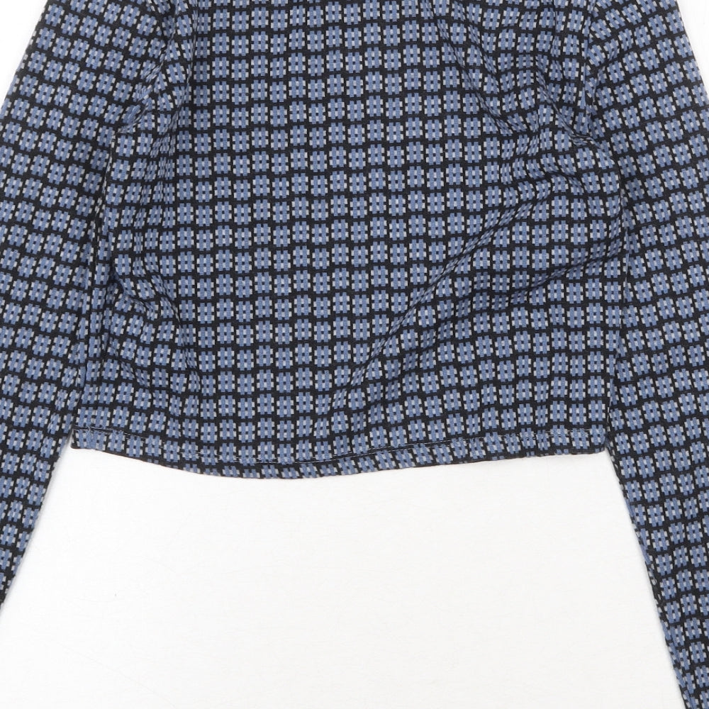 Topshop Womens Blue Geometric Polyester Cropped T-Shirt Size 6 Mock Neck
