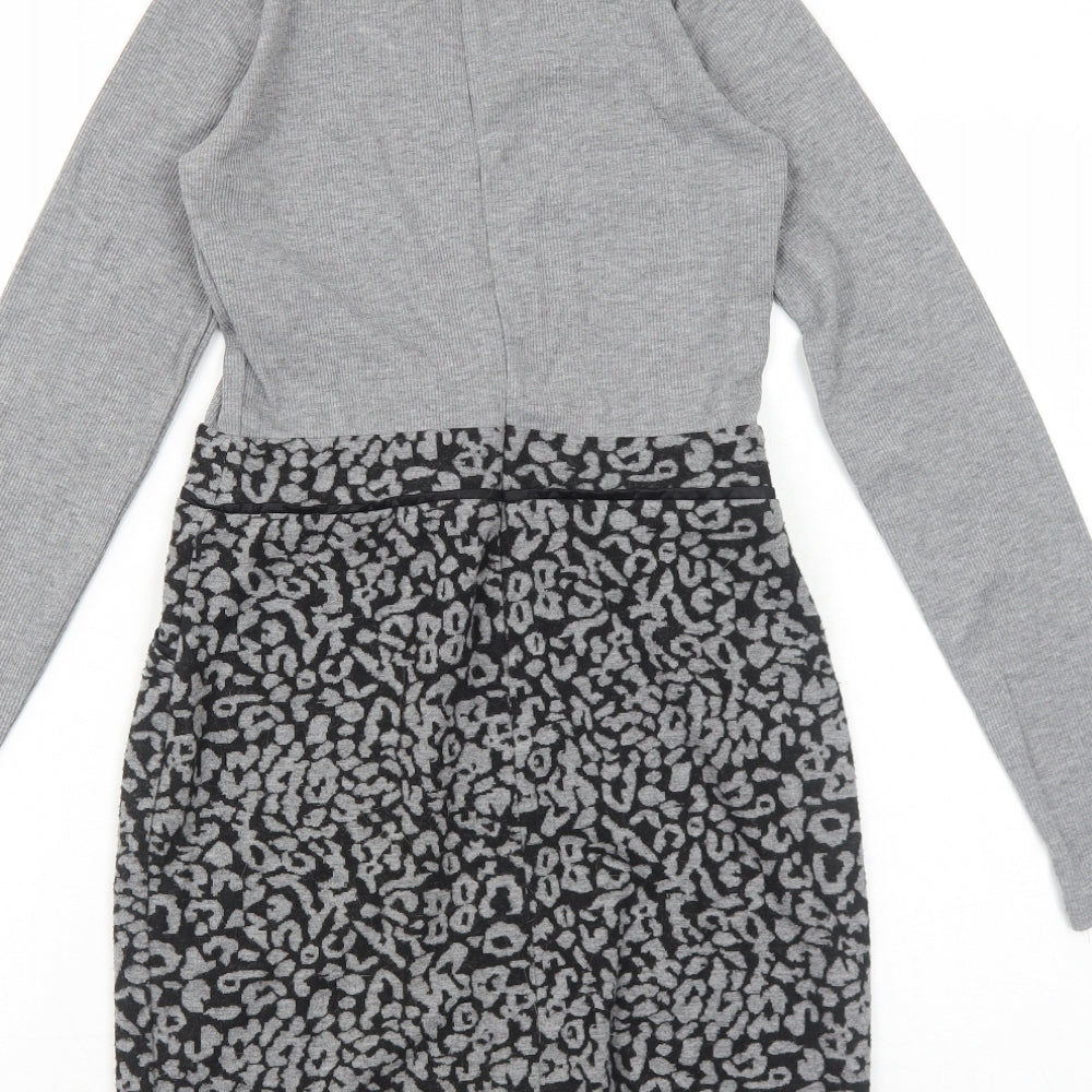 Select Womens Grey Animal Print Polyester A-Line Size 6 Mock Neck Zip - Leopard Pattern