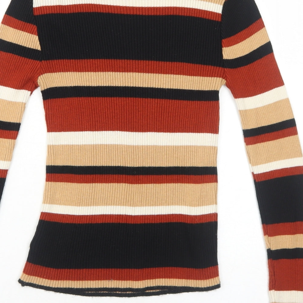 Cooperative Womens Brown Mock Neck Striped Acrylic Pullover Jumper Size XS - Ribbed