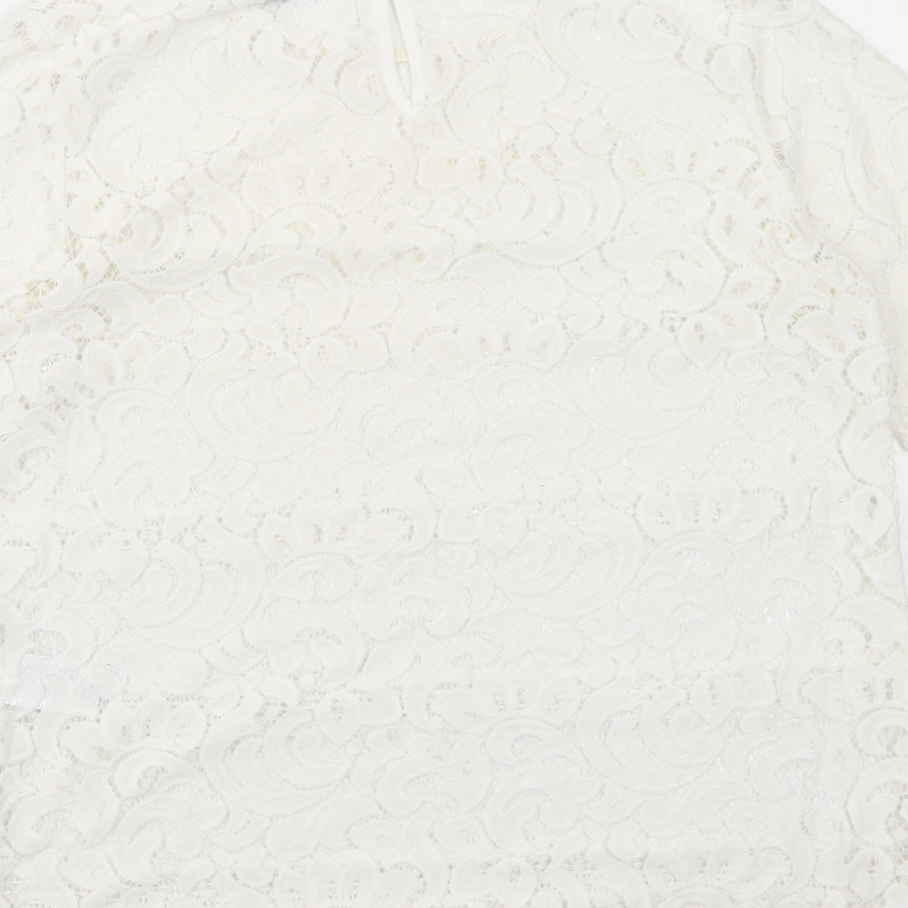 Warehouse Womens White Geometric Polyamide Basic Blouse Size 10 Round Neck