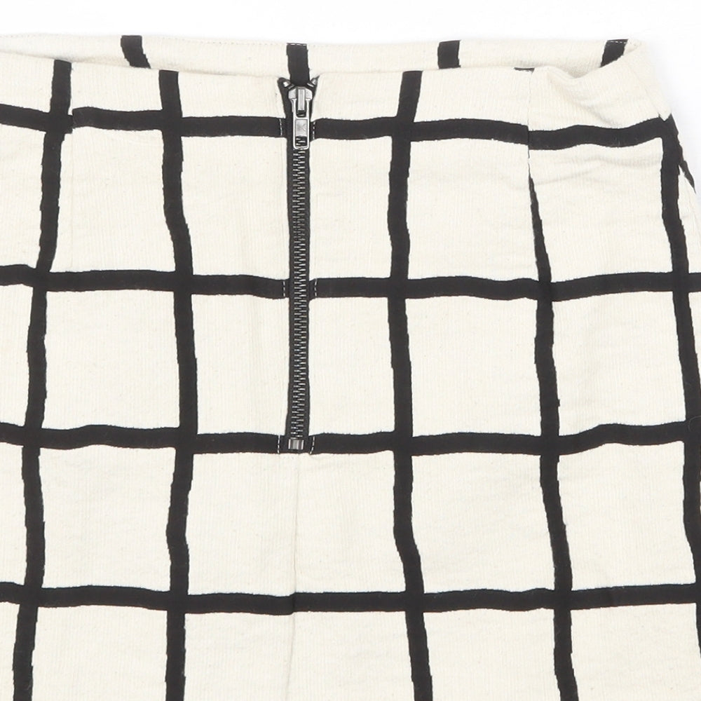 Topshop Womens Ivory Check Cotton A-Line Skirt Size 8 Zip