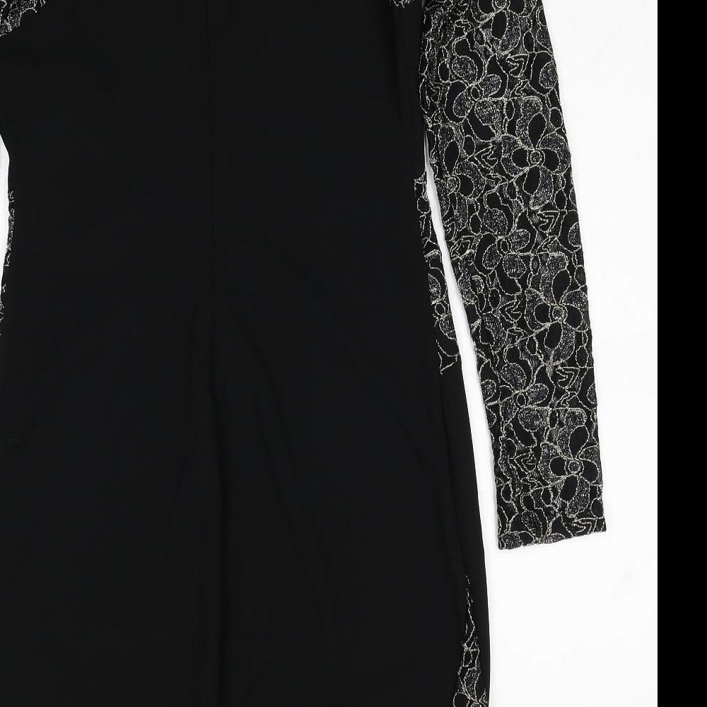 Body Flirt Womens Black Geometric Polyester A-Line Size M Round Neck Zip