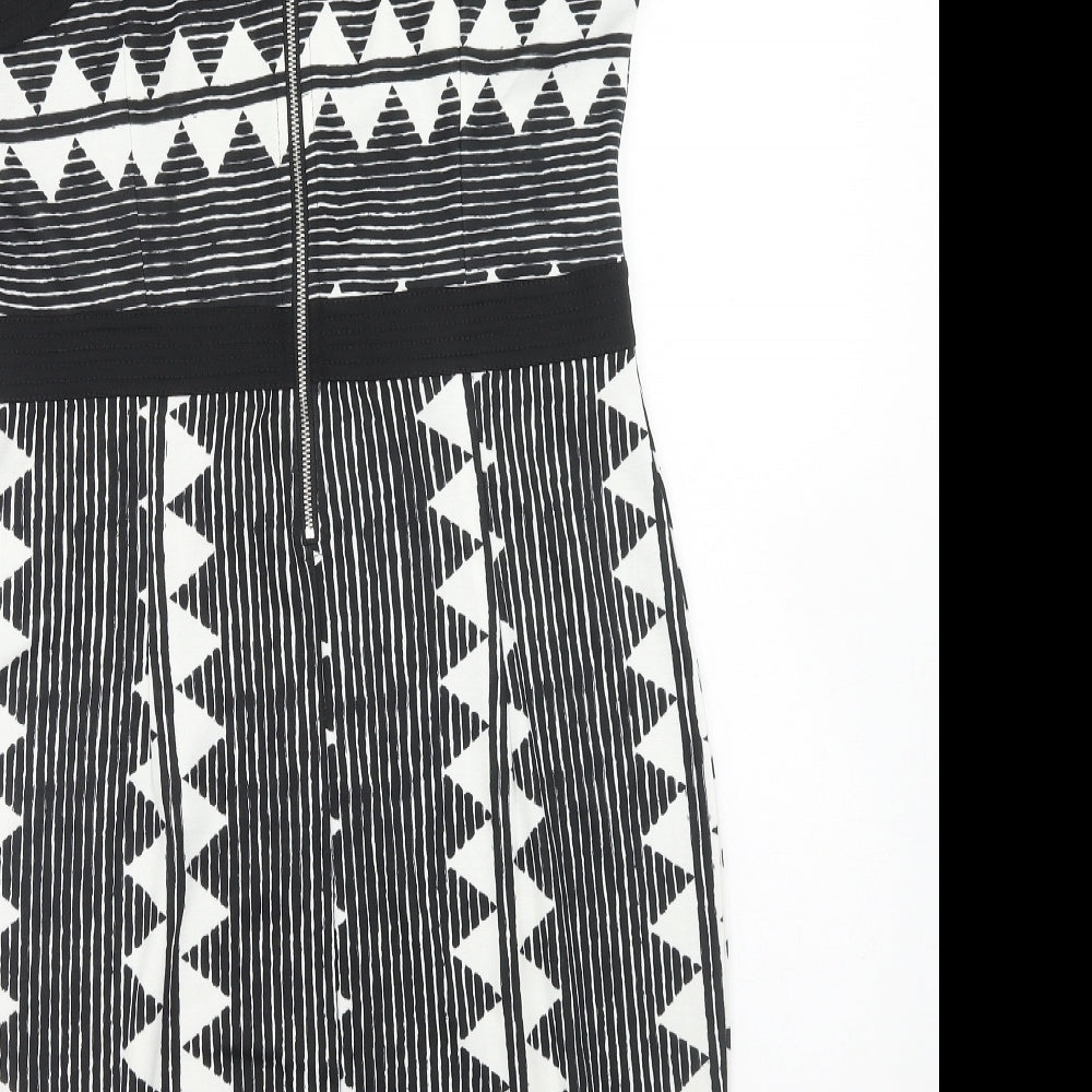 H&M Womens Black Geometric Polyester Bodycon Size M Round Neck Zip