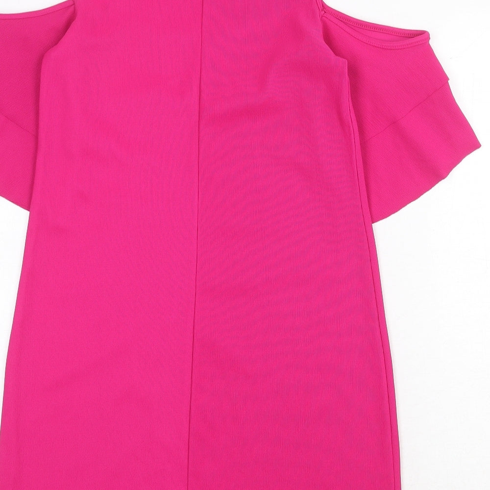 Bershka Womens Pink Polyester A-Line Size S Round Neck Pullover - Cold Shoulder