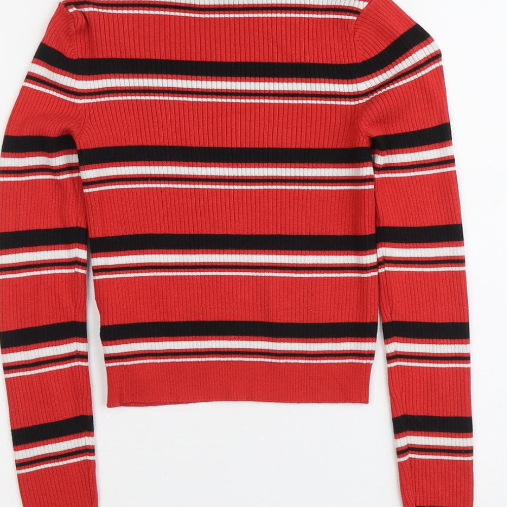 H&M Womens Red Round Neck Striped Viscose Pullover Jumper Size XS