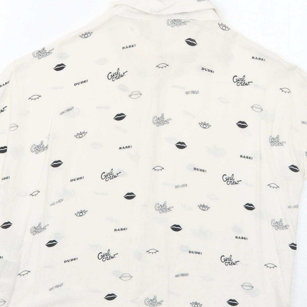 H&M Womens White Geometric Viscose Basic Button-Up Size 4 Collared