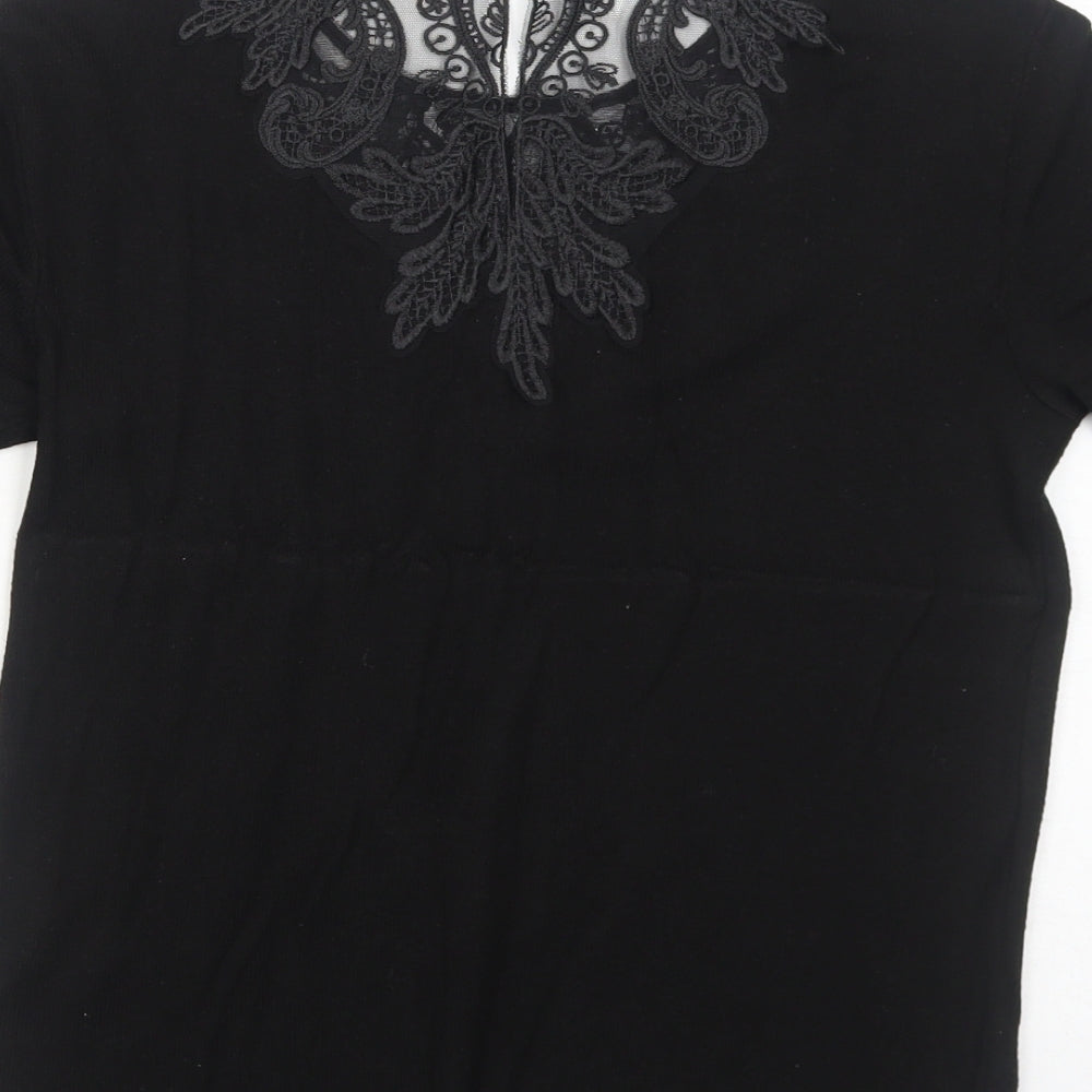 Zara Womens Black Viscose Basic Blouse Size M Round Neck - Lace Details