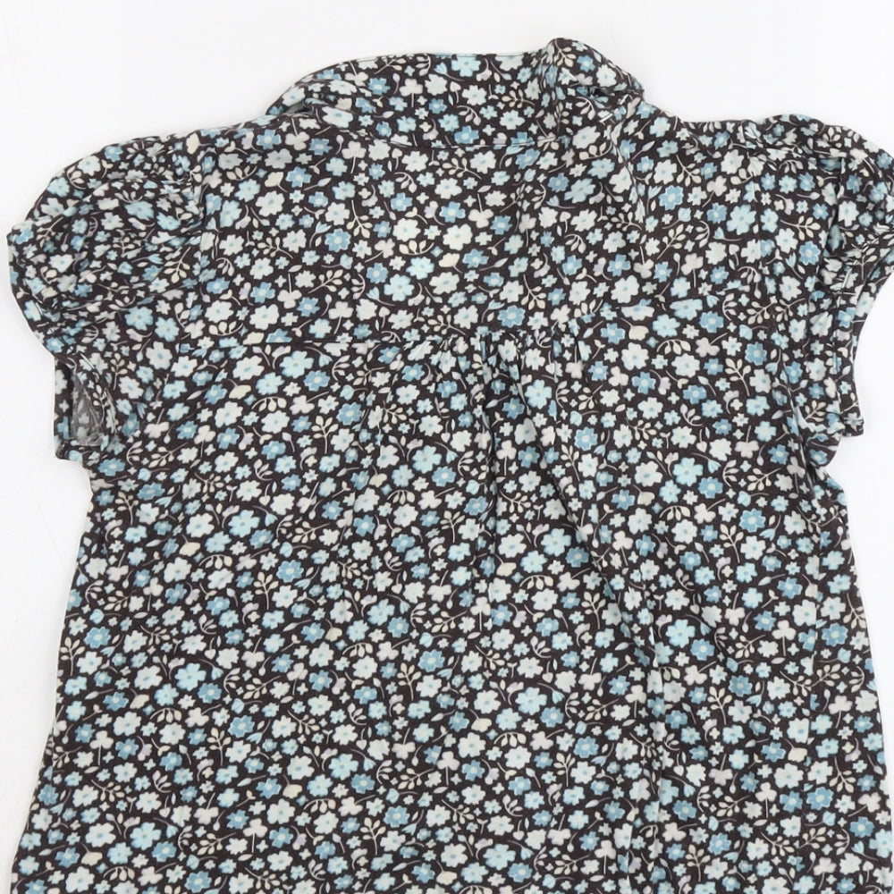 H&M Womens Blue Floral Cotton Basic Button-Up Size M V-Neck