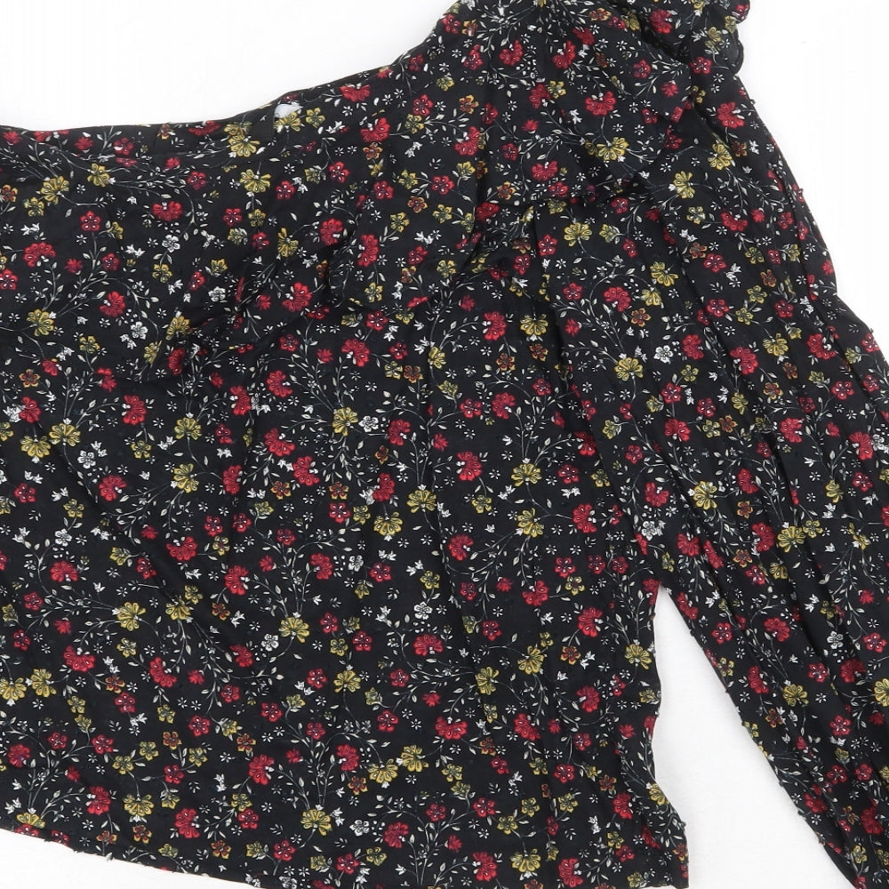 New Look Womens Black Floral 100% Cotton Basic Blouse Size 10 One Shoulder