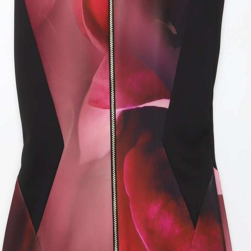 Roman Womens Black Floral Polyester Bodycon Size 10 V-Neck Zip