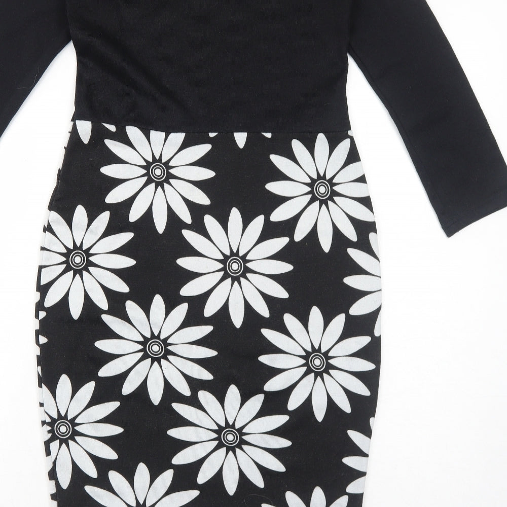Indulgence Womens Black Floral Wool A-Line Size S Round Neck Pullover - Size S-M