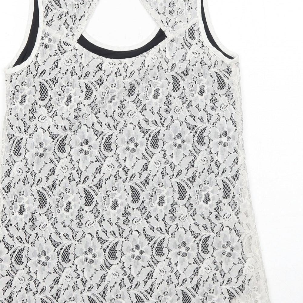 Oasis Womens White Geometric Polyamide Basic Tank Size S Round Neck - Open Back