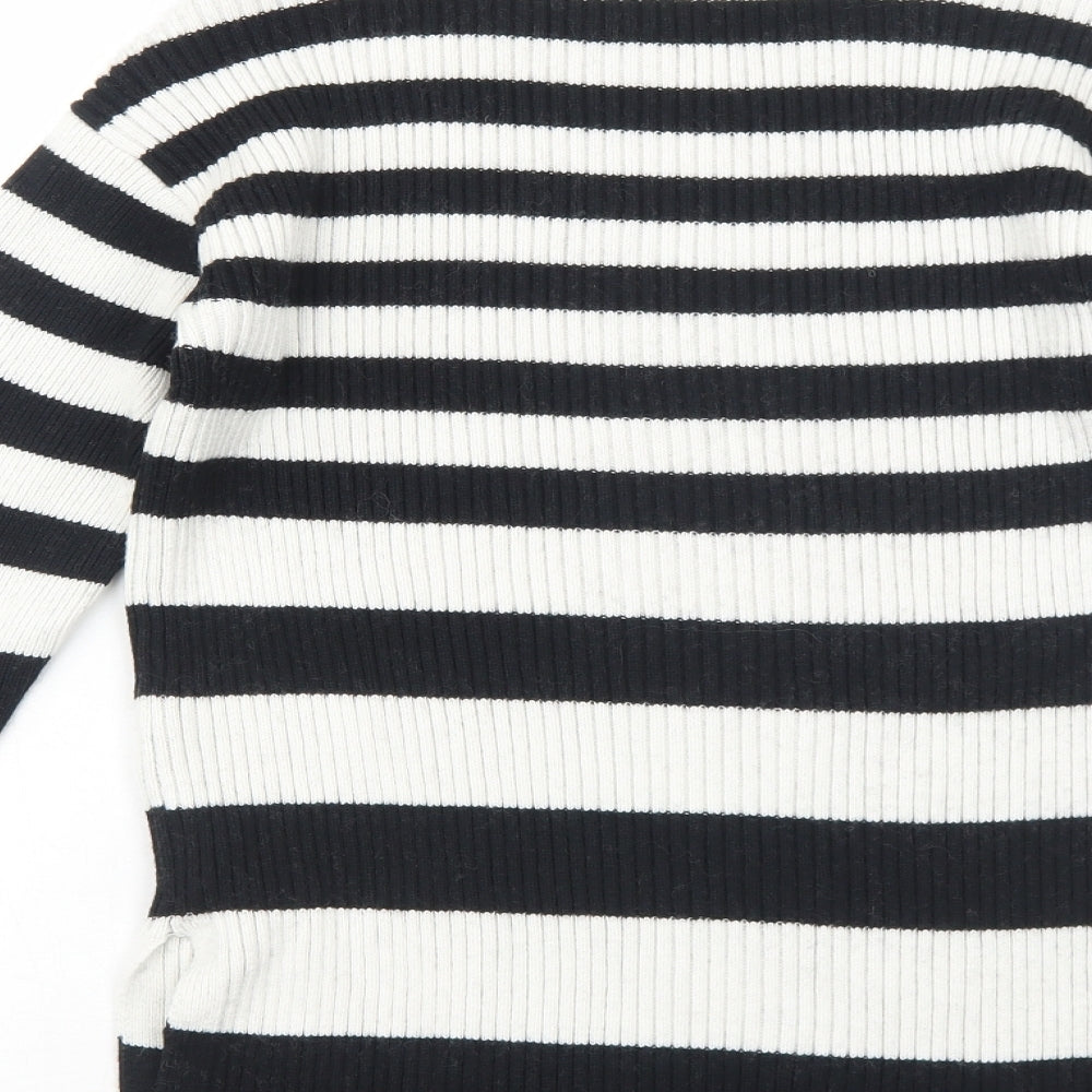 Marks & Spencer Womens Black High Neck Striped Cotton Pullover Jumper Size XS - Ribbed