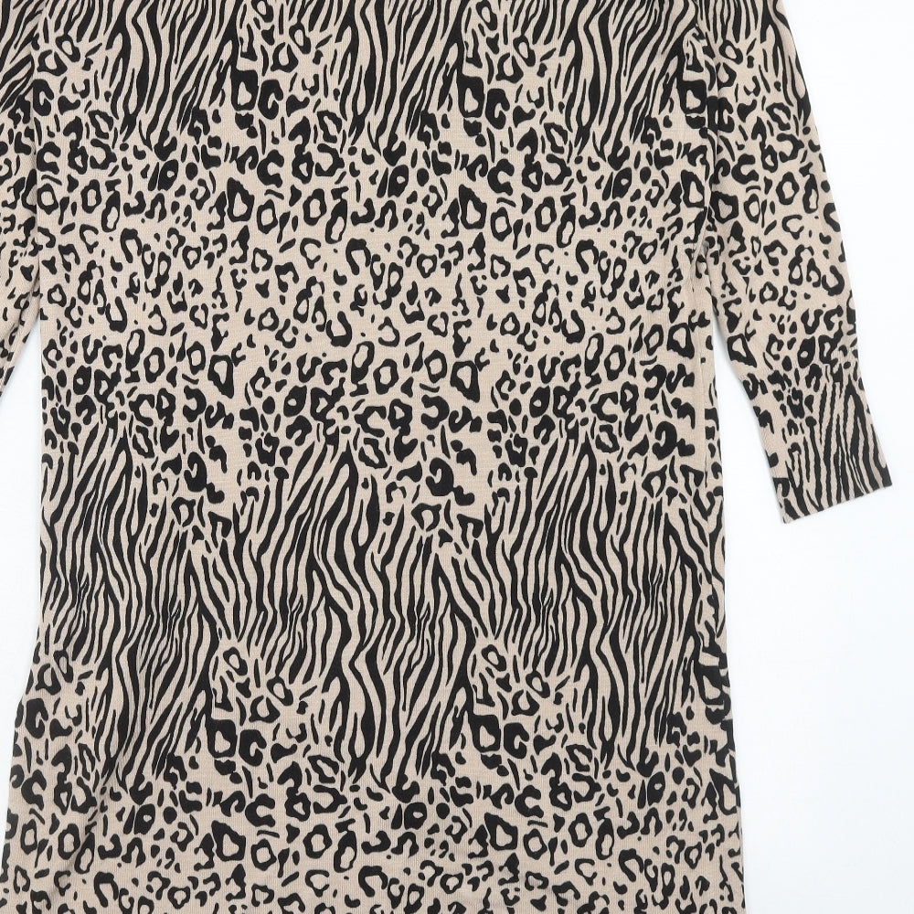Debenhams Womens Brown Animal Print Viscose Tunic Blouse Size 12 Boat Neck