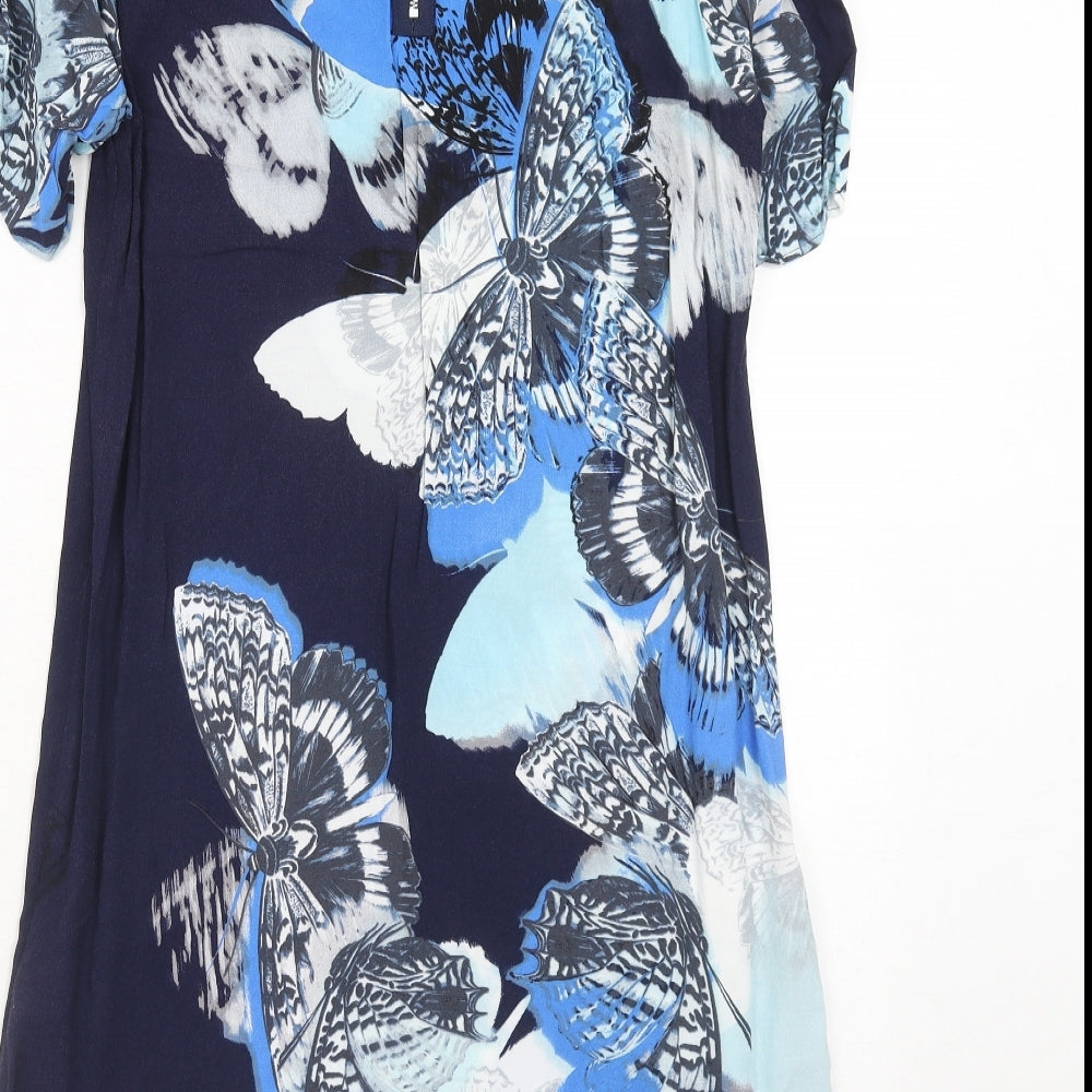 Warehouse Womens Blue Geometric Viscose T-Shirt Dress Size 12 Round Neck Zip