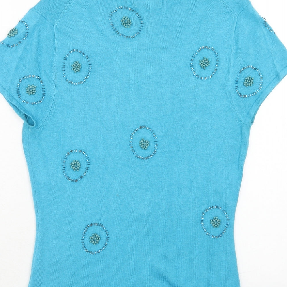 Kaliko Womens Blue V-Neck Geometric Viscose Pullover Jumper Size 10