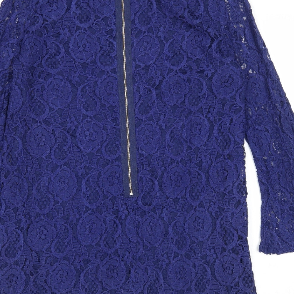 Mela Loves London Womens Blue Geometric Polyester A-Line Size 12 Round Neck Zip