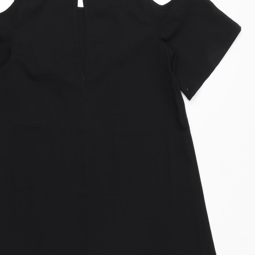 Marks & Spencer Womens Black Polyester T-Shirt Dress Size 10 Round Neck Button - Cold Shoulder