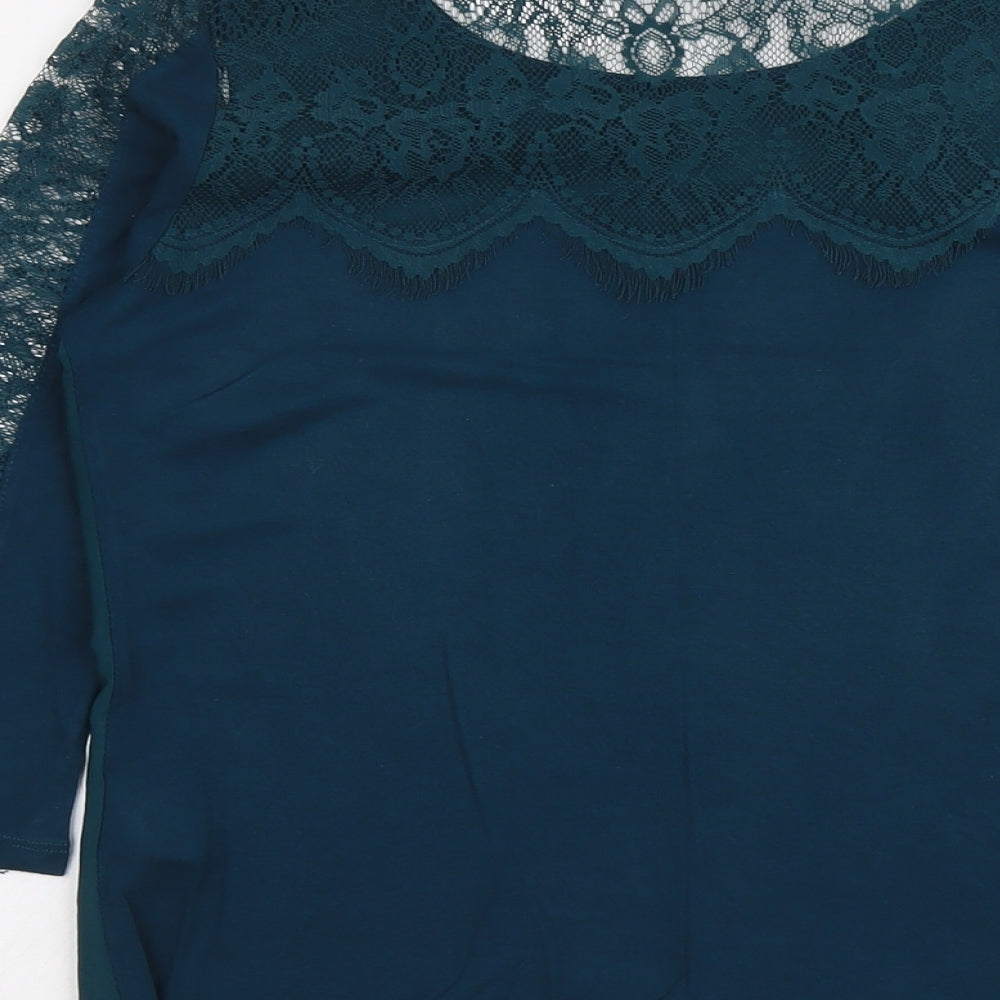 Warehouse Womens Green Viscose Basic Blouse Size 12 Round Neck - Lace Details