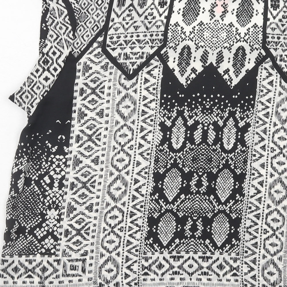 Mango Womens Black Geometric Polyester Basic T-Shirt Size L Round Neck