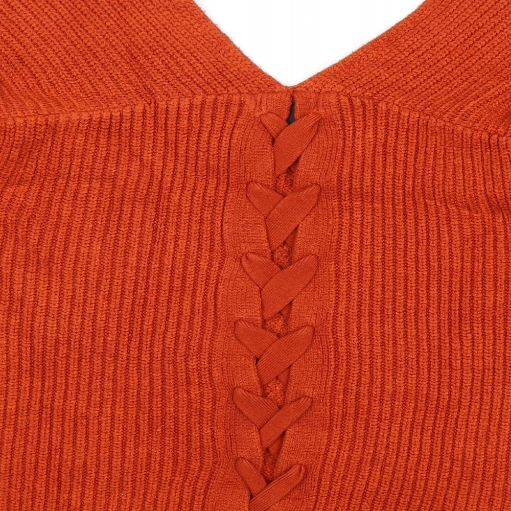 New Look Womens Orange V-Neck Acrylic Pullover Jumper Size M