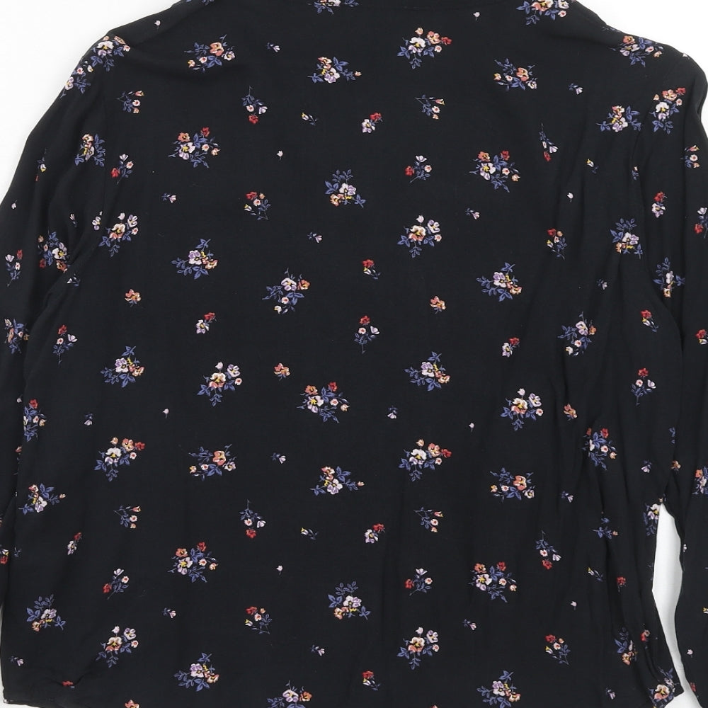 H&M Womens Black Floral Viscose Basic Button-Up Size 6 Collared