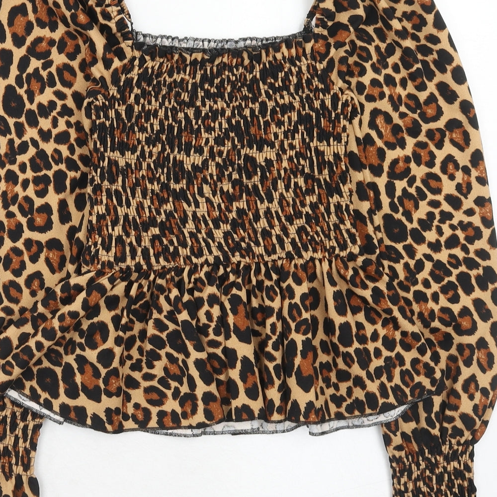 New Look Womens Brown Animal Print Polyester Basic Blouse Size 8 Square Neck - Leopard Pattern