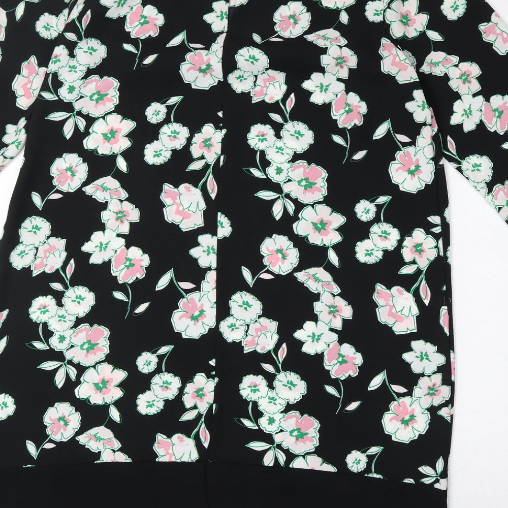 Marks & Spencer Womens Black Floral Polyester A-Line Size 14 Round Neck Button