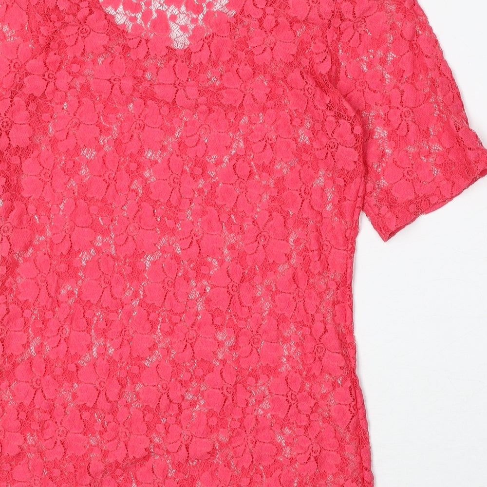 PARAMOUR Womens Pink Geometric Polyacrylate Fibre Basic T-Shirt Size S Round Neck - Size S/M