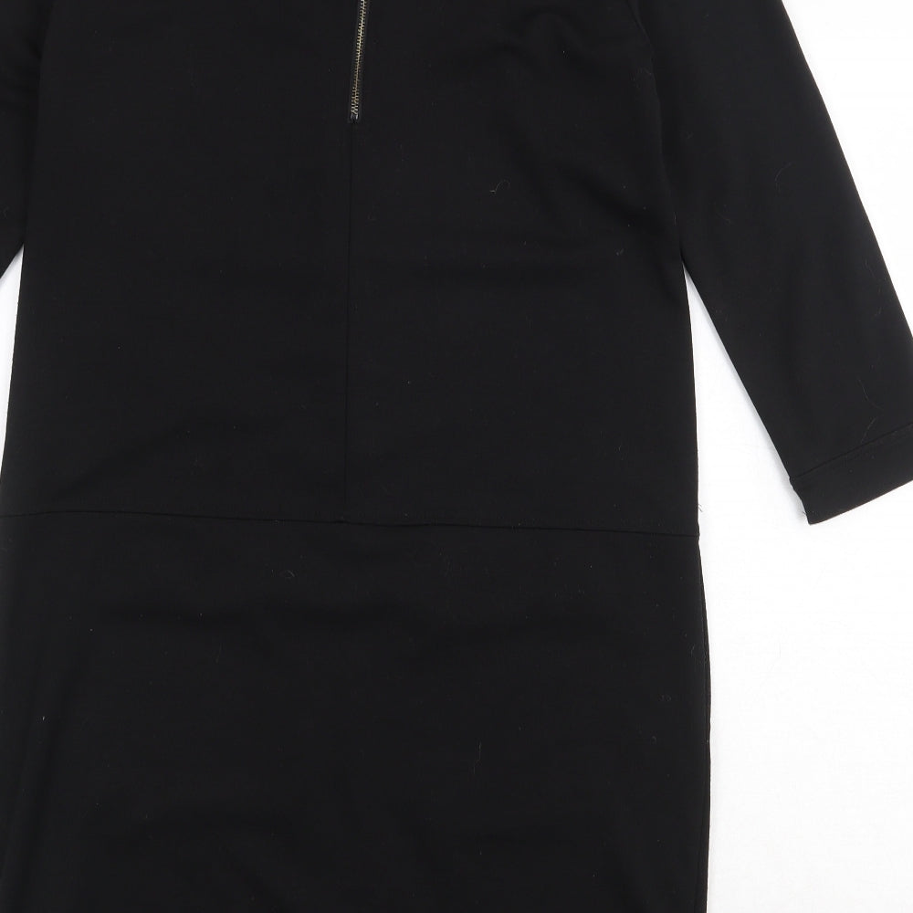 Fransa Womens Black Polyester A-Line Size S Round Neck Zip