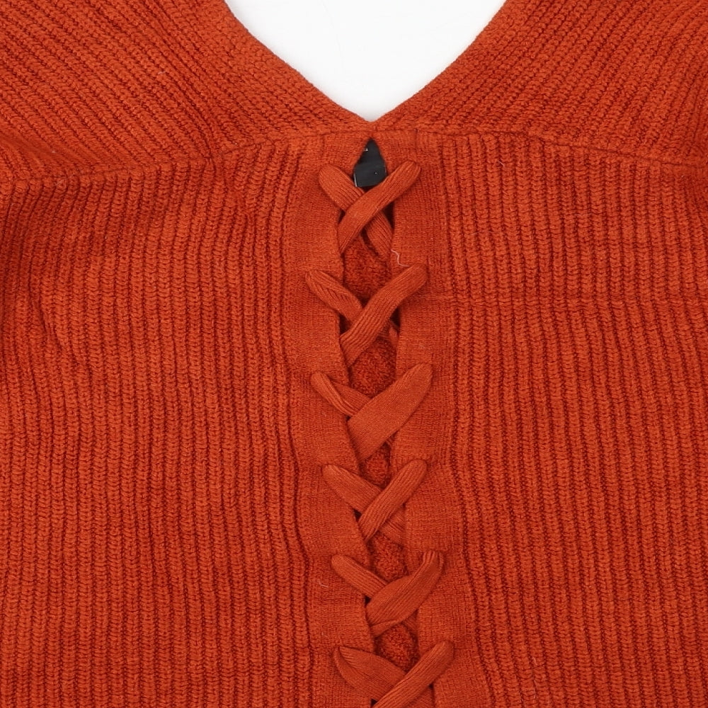 New Look Womens Orange V-Neck Acrylic Pullover Jumper Size S