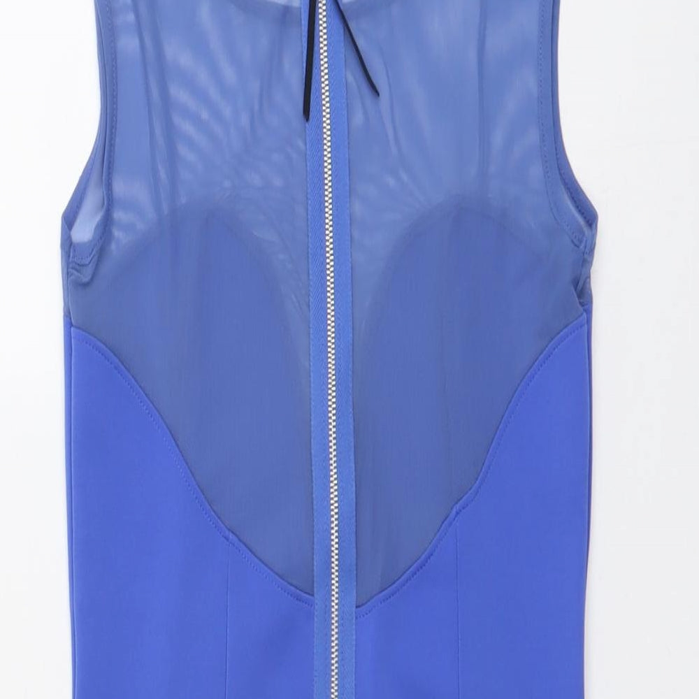 Topshop Womens Blue Polyester Mini Size 10 Boat Neck Zip - Mesh Panel