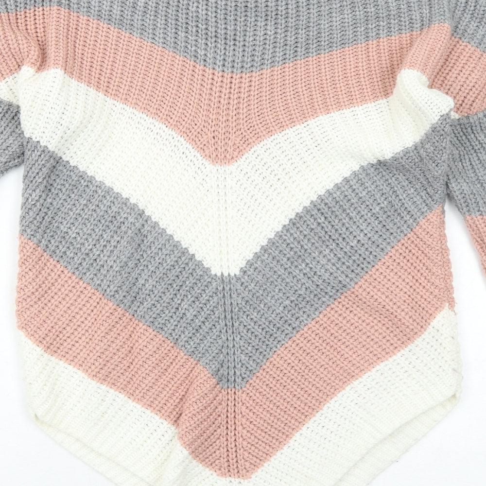 Select Womens Grey Round Neck Striped Acrylic Pullover Jumper Size S