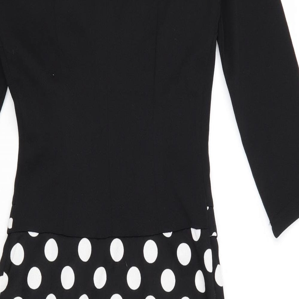 Homeyee Womens Black Polka Dot Polyester A-Line Size 8 Round Neck Zip