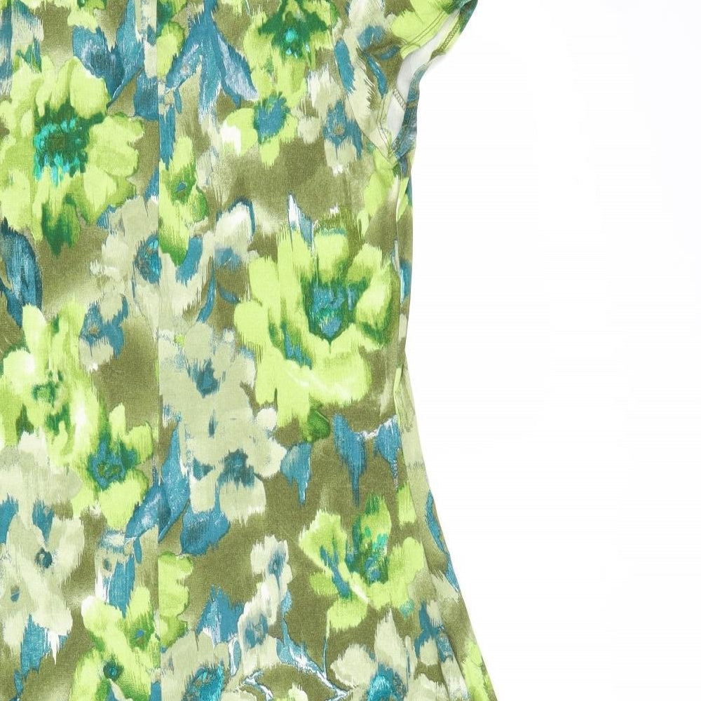 Wallis Womens Green Floral Viscose T-Shirt Dress Size S Scoop Neck Pullover