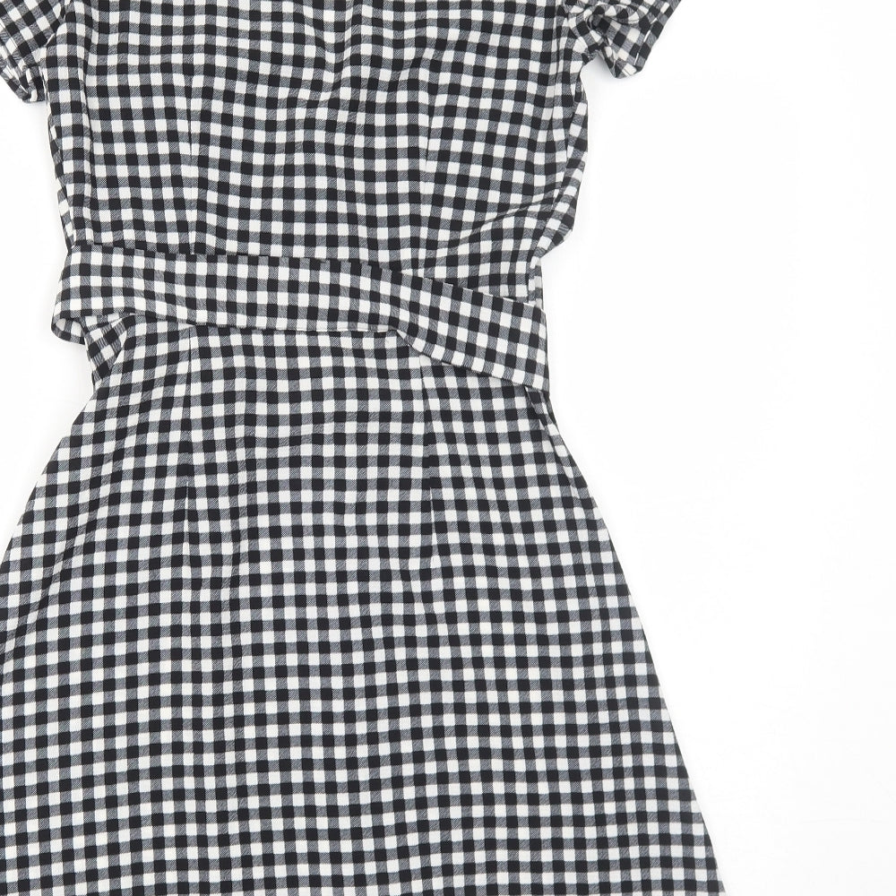 H&M Womens Black Gingham Polyester Trapeze & Swing Size 6 V-Neck Pullover
