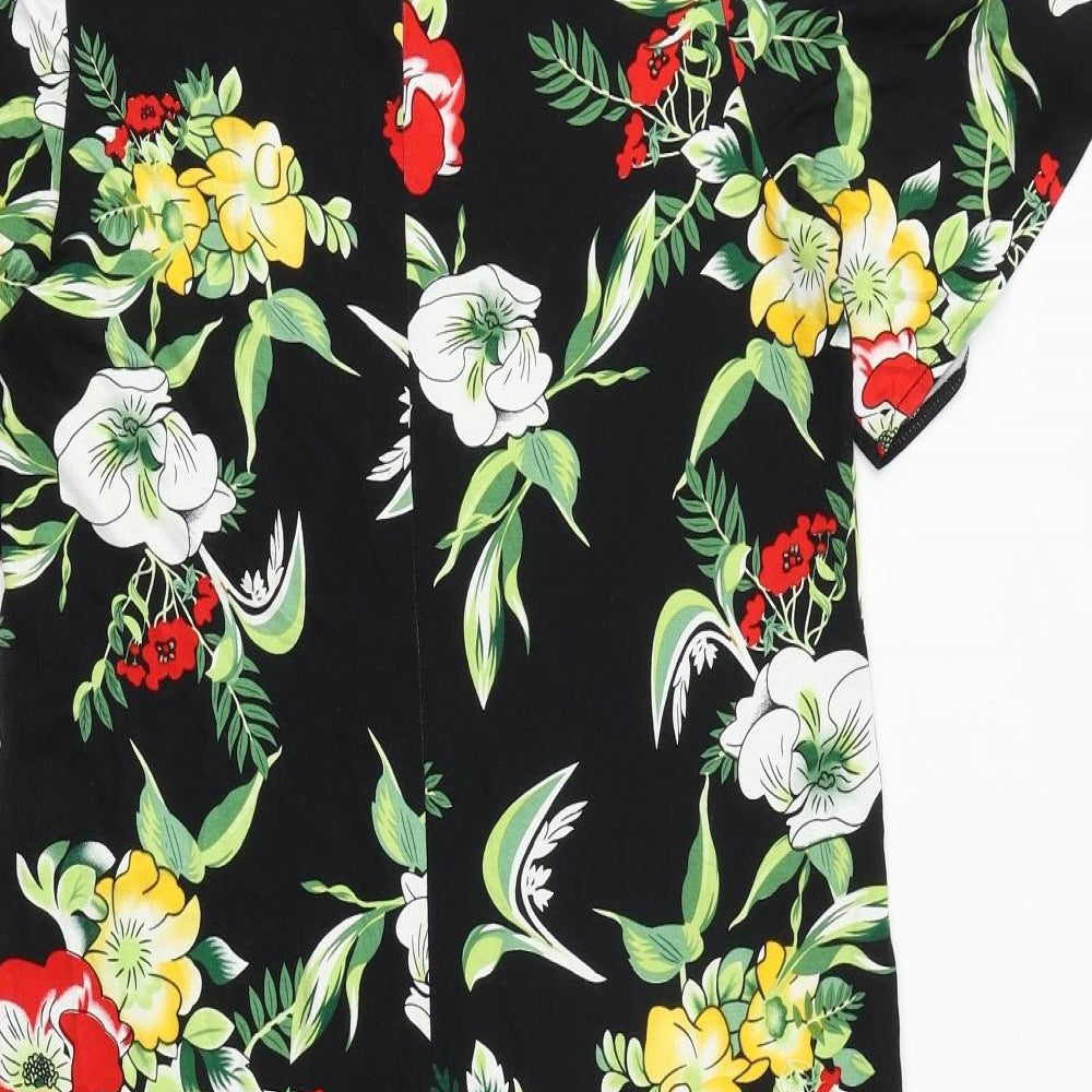 Bonprix Womens Black Floral Viscose A-Line Size S V-Neck Pullover - Cold Shoulder