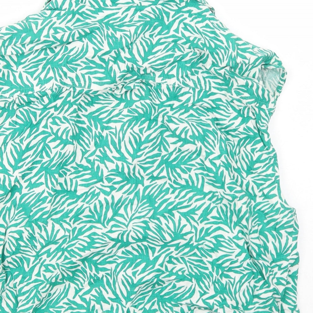 Topshop Womens Green Geometric Linen Cropped Button-Up Size 16 Collared - Knot Front