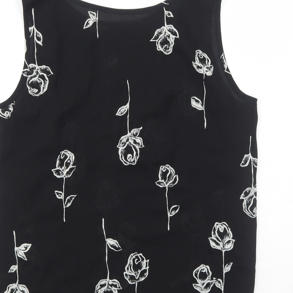 C&A Womens Black Floral Polyester Basic Tank Size 12 Round Neck