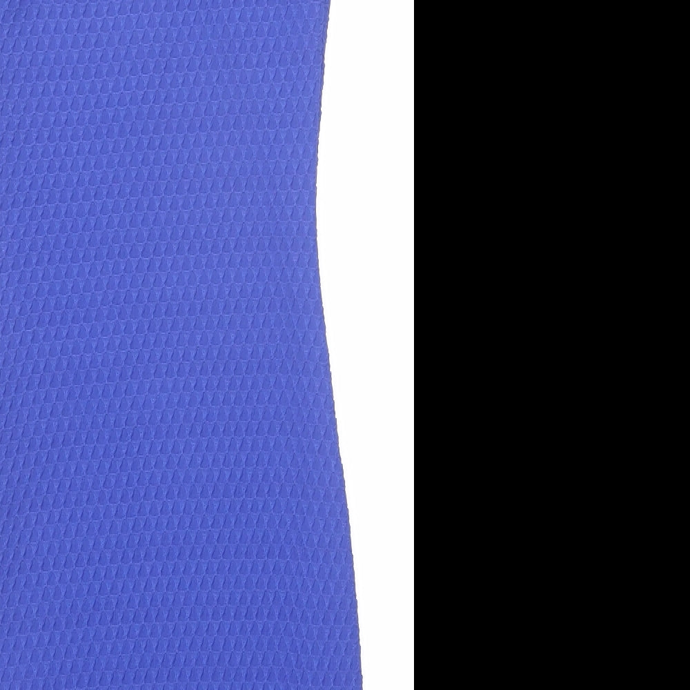 Brand and care label for Miss Selfridge women’s blue geometric polyester bodycon, size UK 4, round neck pullover