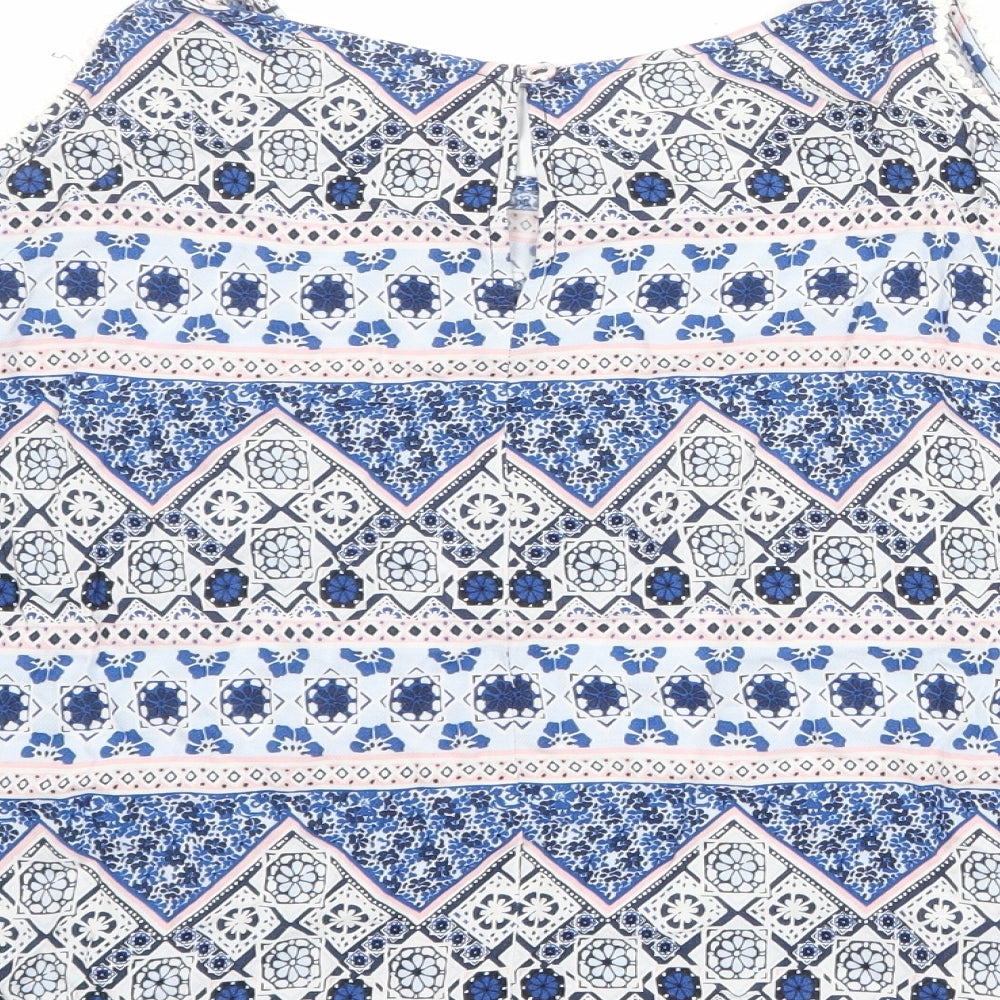 Divided by H&M Womens Blue Geometric Viscose Basic Blouse Size 10 Round Neck - Cold Shoulder